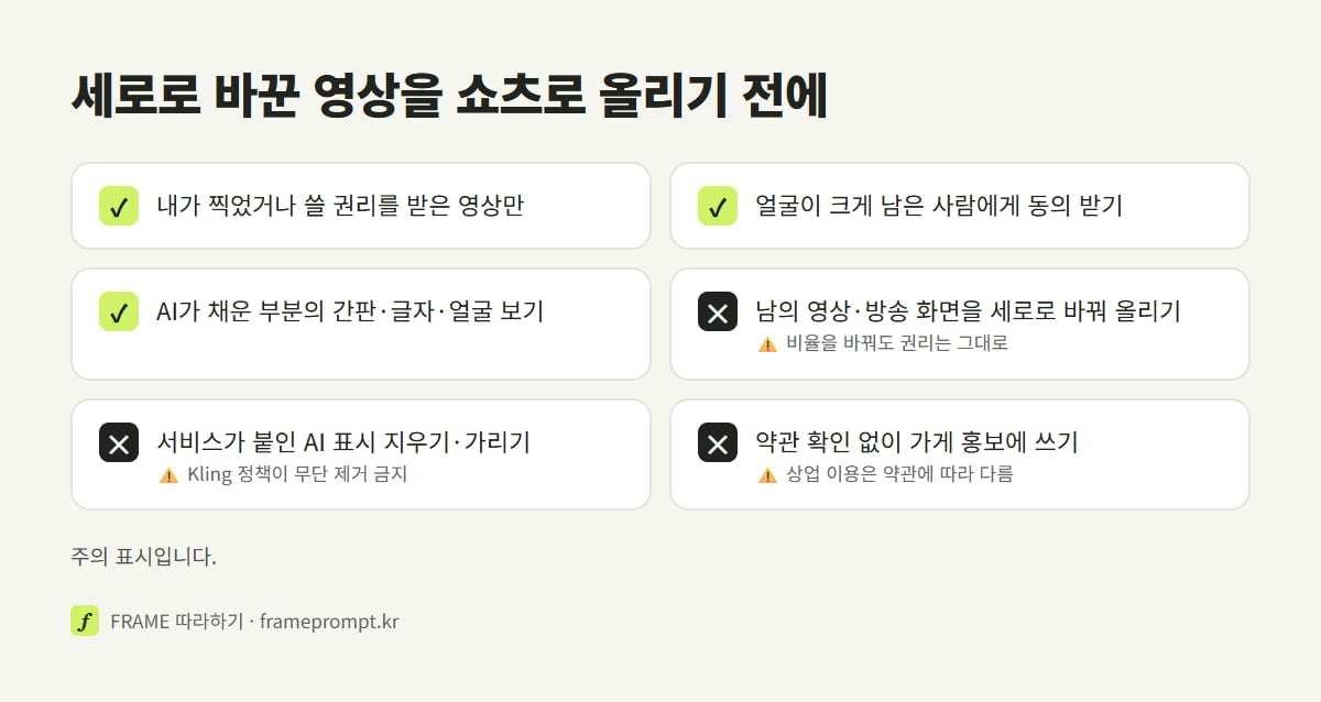 세로로 바꾼 영상을 쇼츠로 올리기 전에 할 것과 하지 말 것을 표시한 확인 목록