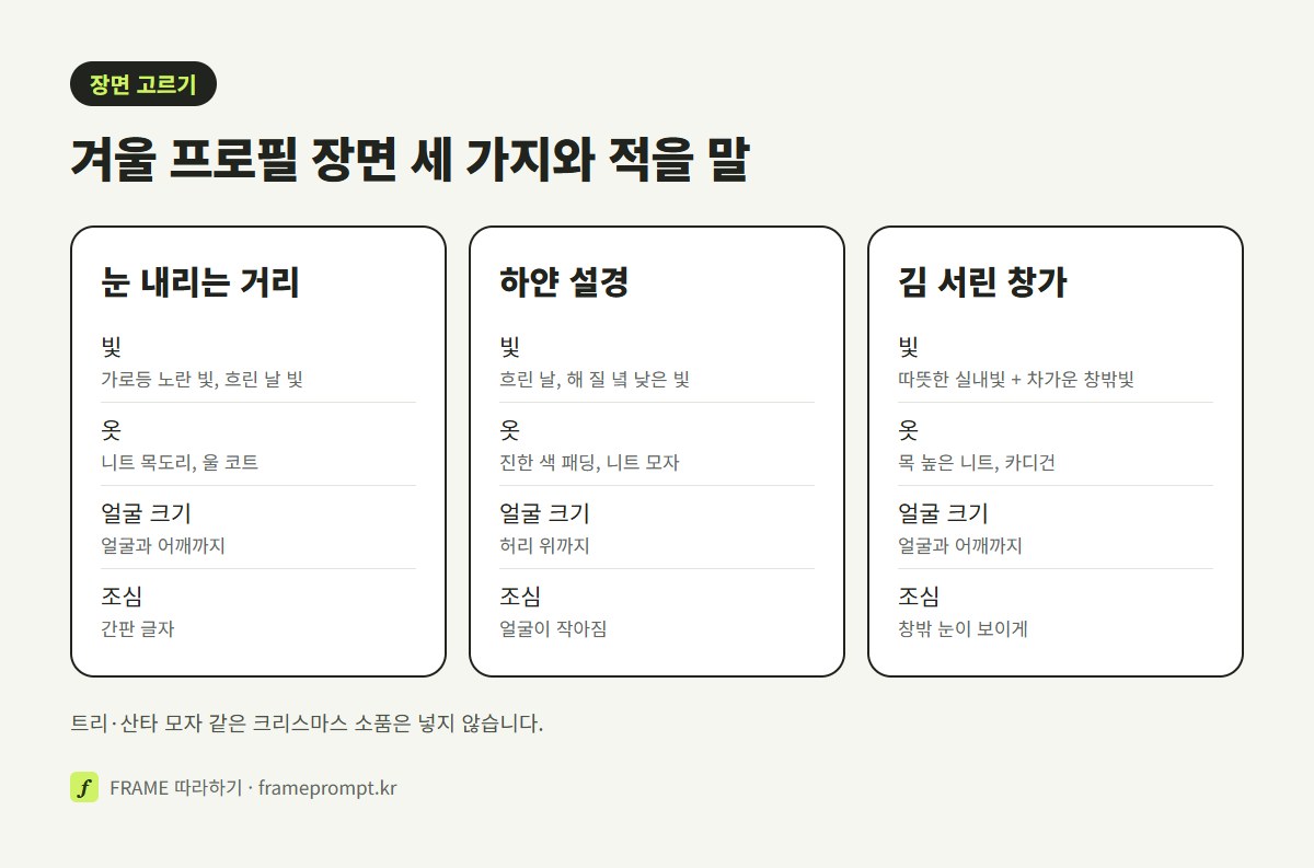 눈 내리는 거리, 하얀 설경, 김 서린 창가 세 가지 겨울 프로필 장면의 빛, 옷, 얼굴 크기를 세 칸으로 비교한 그림