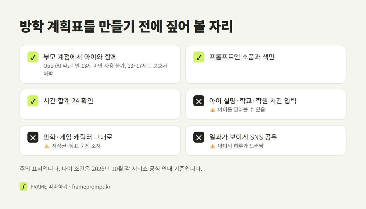 방학 계획표를 AI로 만들 때 할 것과 하지 말 것을 표시한 확인 목록