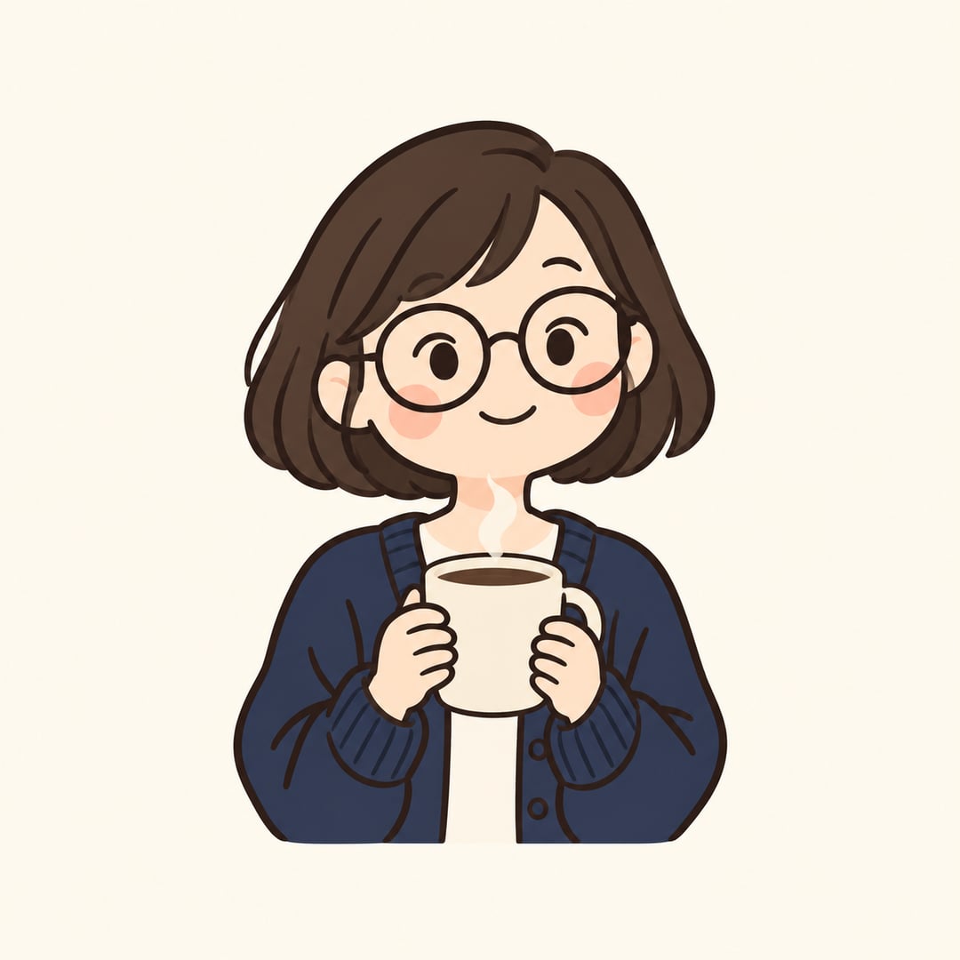 짧은 단발에 동그란 안경, 남색 카디건을 입은 캐릭터 한 명이 김이 오르는 머그잔을 두 손으로 들고 웃는 상반신 만화 그림, 크림색 바탕 가운데