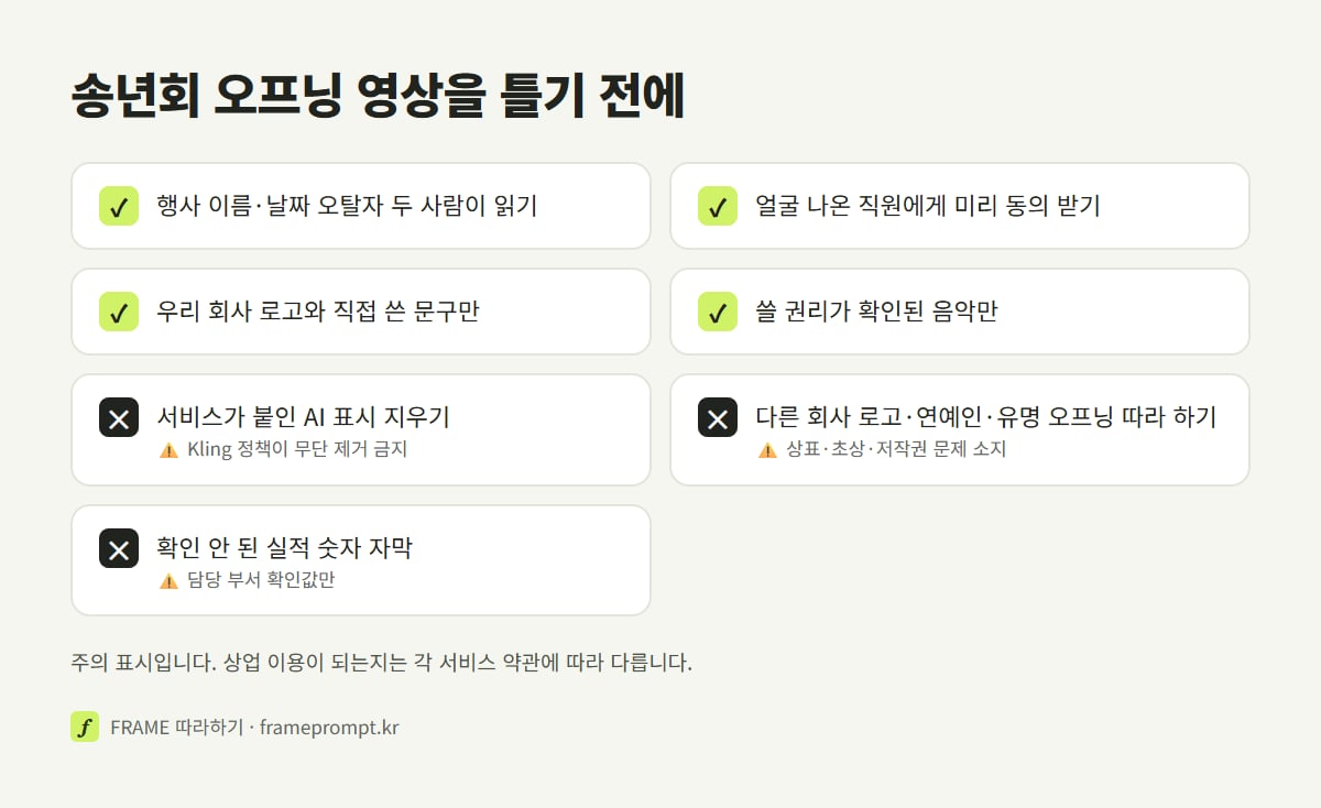 송년회 오프닝 영상을 틀기 전에 할 것과 하지 말 것을 표시한 확인 목록